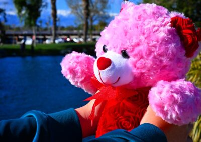 a hand holding pink stuffed toy